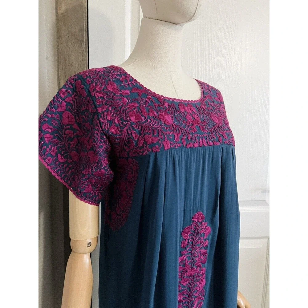 BuddyLove Buddy Love Embroidered Carolina Dress Navy Magenta Rayon Boho Size XS - Picture 6 of 16